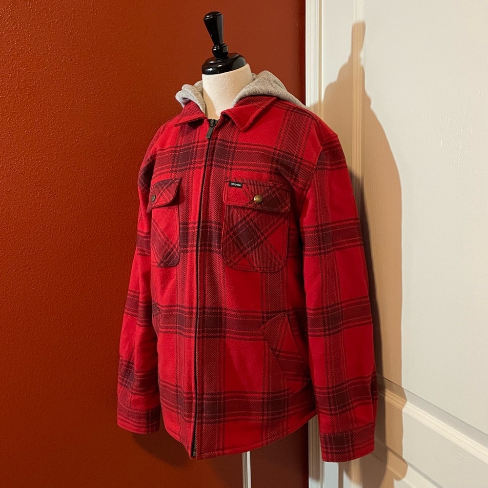 Brixton Men’s Bowery Red Cotton Flannel Heavyweight Fixed Hood Zip Up Jacket